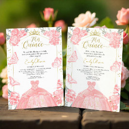 Mis Quince-inbjudan Bilingual Rosa Dress Blommigt Inbjudningar