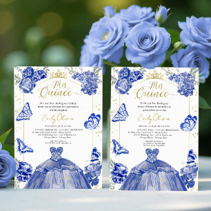 Mis Quince-inbjudan Bilingual Royal Blue Dress Inbjudningar