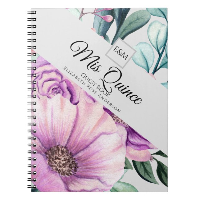 Mis QUINCE Lila Blommigt Quinceanera GUESTBOOK NEW Anteckningsbok (Framsidan)