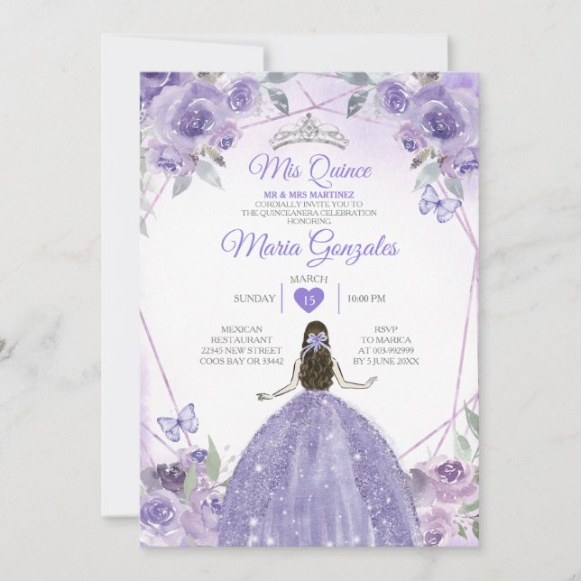 Mis Quince Lila Lavender 15 Anos Silver Krona Inbjudningar (Framsida)