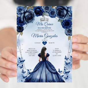 Mis Quince Navy Blue Blommigt Krona Quinceañera Inbjudningar