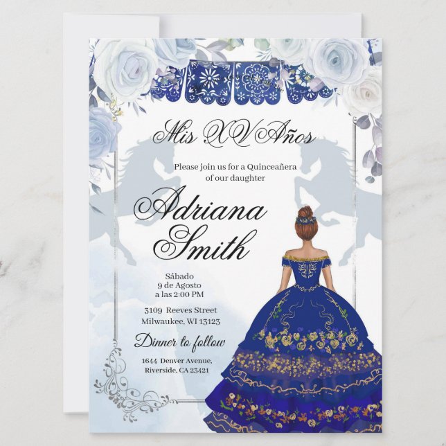 Mis Quince Navy Blue Silver Inbjudningar (Framsida)