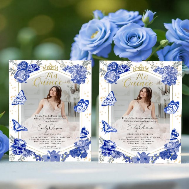 Mis Quince Photo Budget-inbjudan Bilingual Blue (Skapare uppladdad)