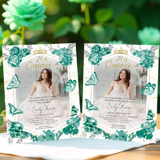Mis Quince Photo Budget-inbjudan Bilingual Grönt