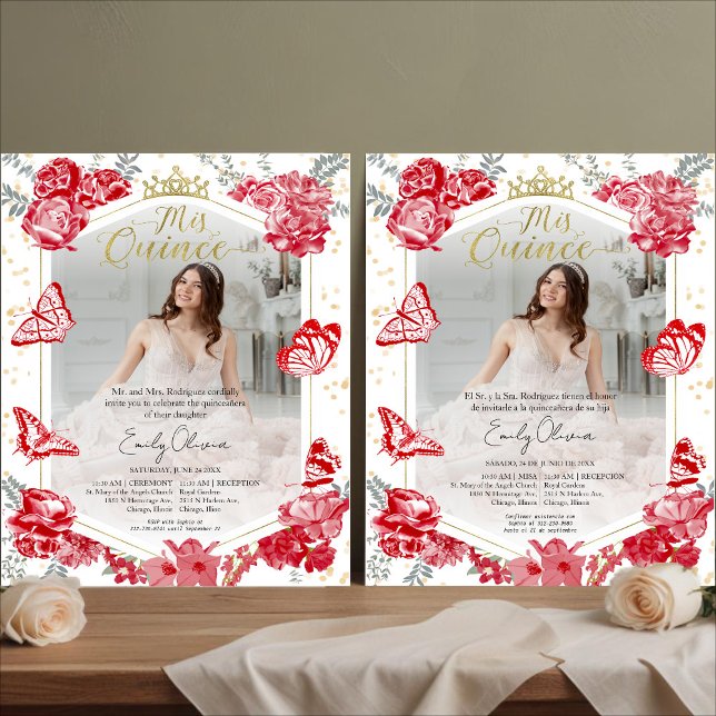 Mis Quince Photo Budget-inbjudan Bilingual Red (Skapare uppladdad)