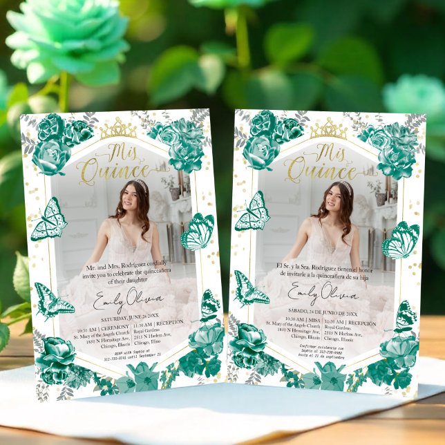 Mis Quince Photo-inbjudan Bilingual Butterfly Inbjudningar (Skapare uppladdad)