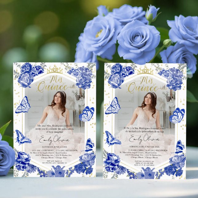 Mis Quince Photo Investigation Bilingual Royal Blu Inbjudningar (Skapare uppladdad)