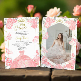 Mis Quince Photo Investigation Spansk Rosa Blommig Inbjudningar