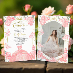 Mis Quince Photo Investigation Spansk Rosa Blommig Inbjudningar