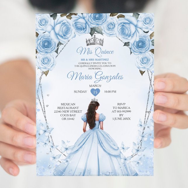 Mis Quince Powder Blue Blommigt Krona Quinceañera Inbjudningar (Skapare uppladdad)