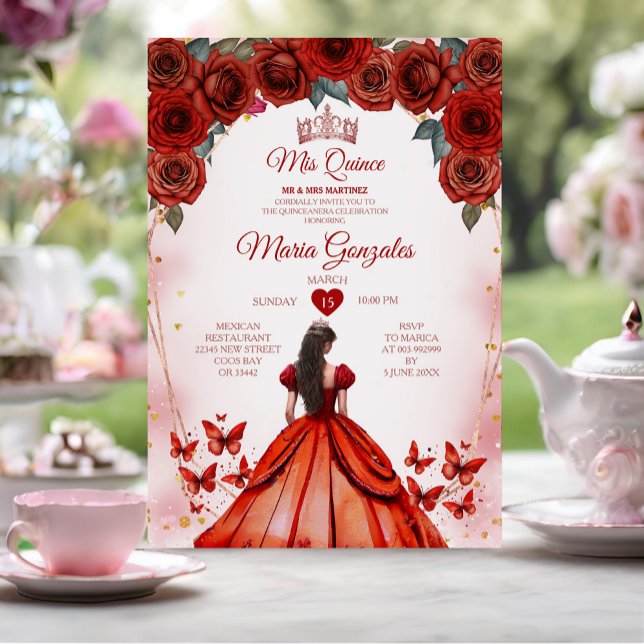 Mis Quince Röd ros 15 Anos Krona Quinceañera Inbjudningar (Skapare uppladdad)