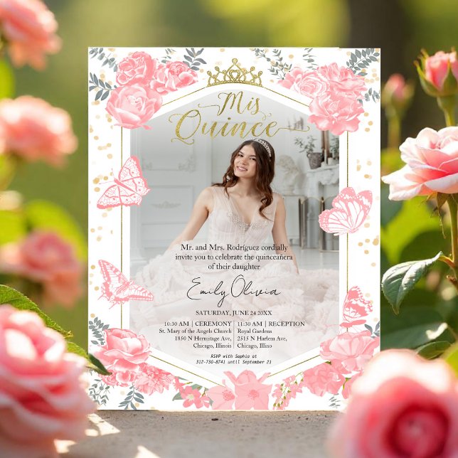 Mis Quince Rosa-Blommigt för fotobudgetinbjudan (Skapare uppladdad)