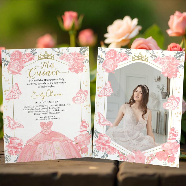 Mis Quince Rosa-Blommigt för fotobudgetinbjudan (Skapare uppladdad)