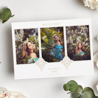 Mis XV Años Español 3 Fotos Efecto Encaje Dorado Inbjudningar