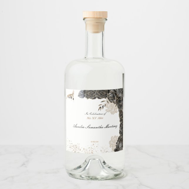 Mis XV Años Liquor Label Black och Guld Spritflaskor Etikett (Framsida)