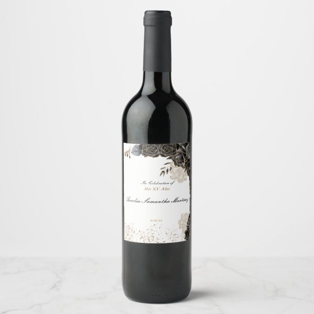 Mis XV Años Vin-etiketten Black och Guld Vinflaska Etikett (Framsida)
