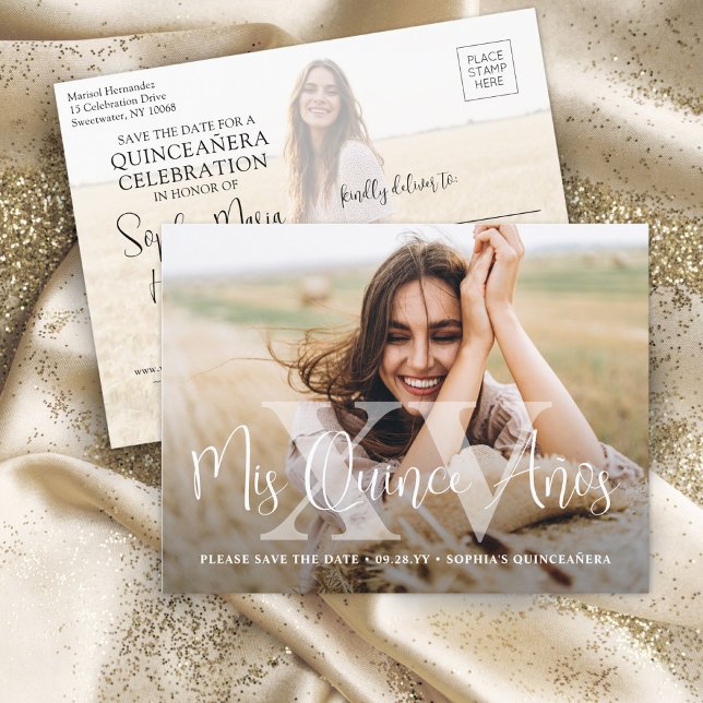 Mis XV År Moderna Foto Quinceañera Spara datumet Meddelande Vykort (Skapare uppladdad)