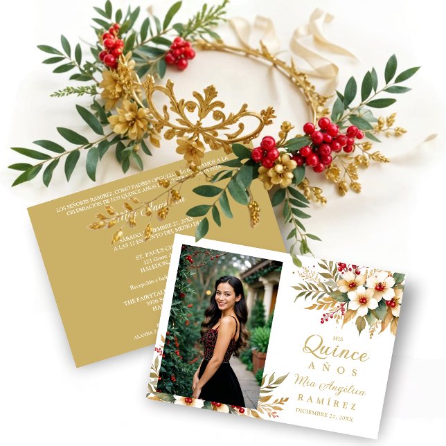 Mis XV Delicate Christmas Spanish Floral Photo  Inbjudningar (Delicate ChristmasGold & Red Shades Floral Botanical Bouquets Photo Quinceañera Invitations Cards.)