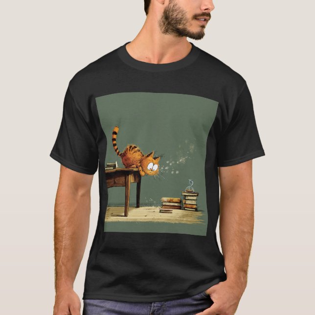 Mischief Cat Knocking Books – Whimsical Illustrati T Shirt (Framsida)