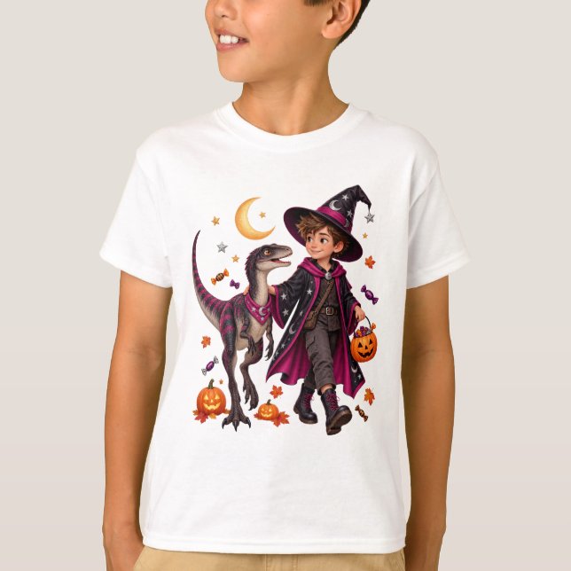 Mischief Wizard & Masiakasaurus Halloween T Shirt (Framsida)