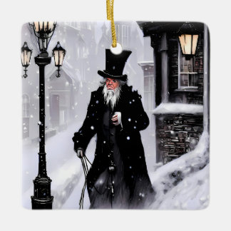 Miserly Ebenezer Scrooge Snowy Victorian Street Julgransprydnad Keramik