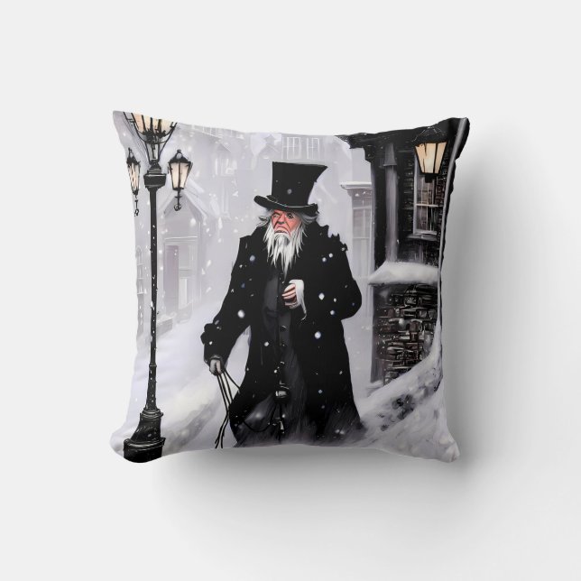 Miserly Ebenezer Scrooge Snowy Victorian Street Kudde (Framsida)