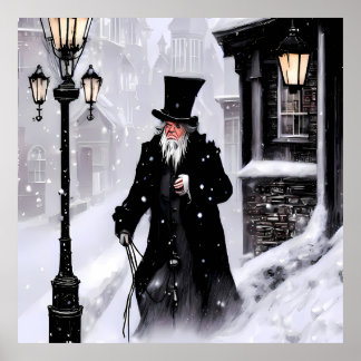 Miserly Ebenezer Scrooge Snowy Victorian Street Poster