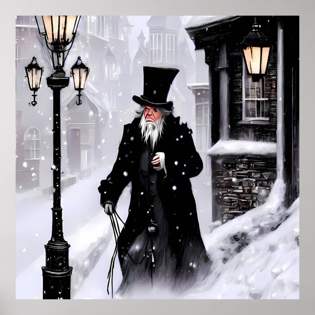 Miserly Ebenezer Scrooge Snowy Victorian Street Poster (Framsidan)