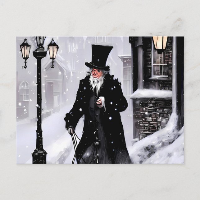 Miserly Ebenezer Scrooge Snowy Victorian Street Vykort (Framsida)