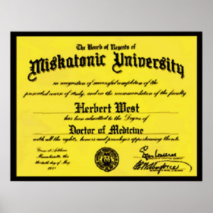 Miskatonic Universiteten Diploma Herbert Väster Poster