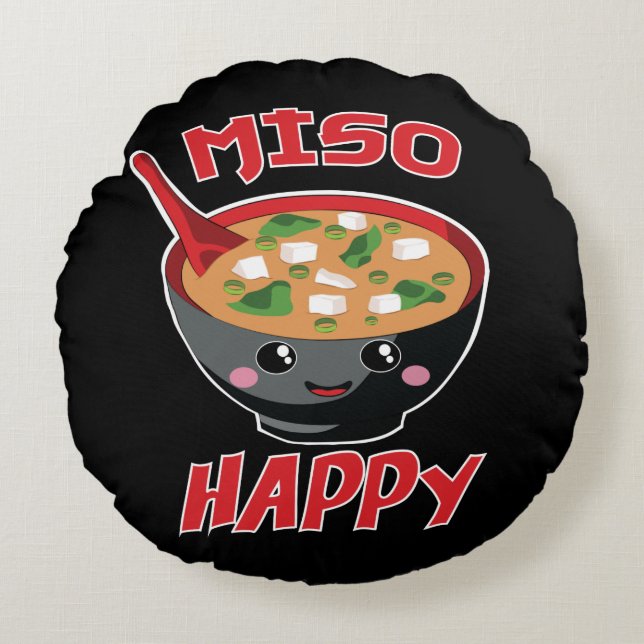 Miso Lycklig Funny Food Kawaii Rund Kudde (Framsidan)