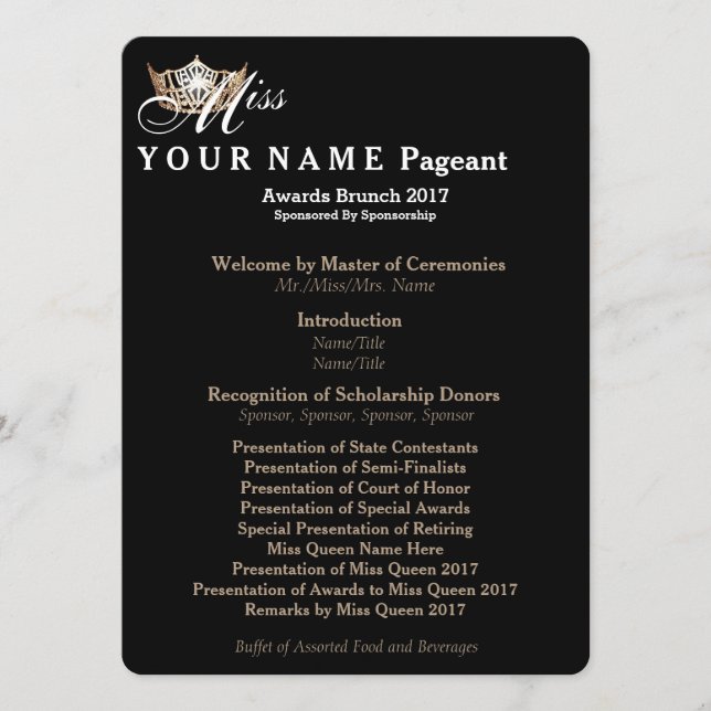 Miss America Guld Krona Awards Brunch-programkort Program (Framsida)