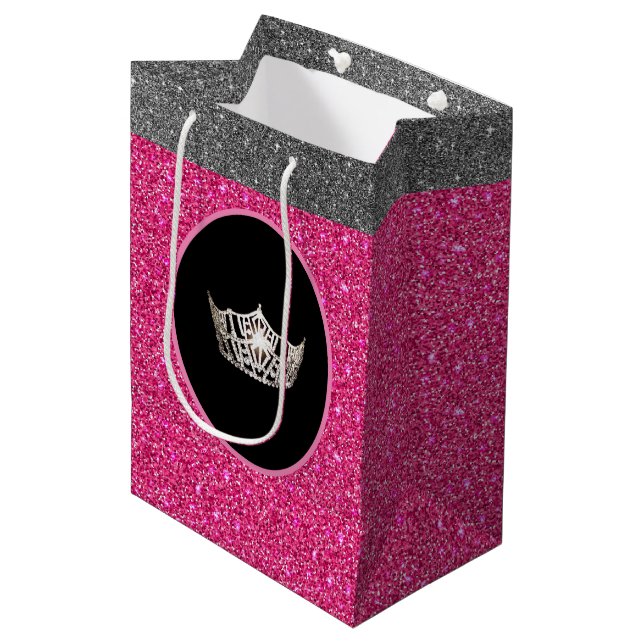 Miss America Silver Krona Rosa FX GlitterGift Bag (Framsidan Vinklad)
