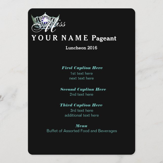 Miss America Teal Krona Luncheon-programkort Meny (Framsida)
