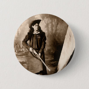 Miss Annie Oakley med Gun, Vintage Photo Porträtt Knapp