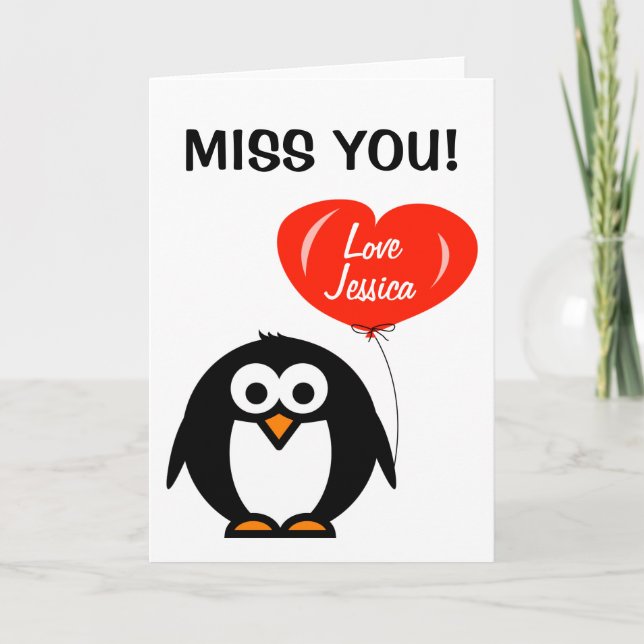 Miss du hälsar kort | Penguin med röd ballong (Framsida)