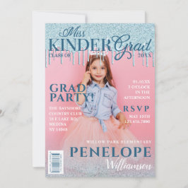 Miss Kinder Grad Blue Glitter Drip Magazine Cover Inbjudningar