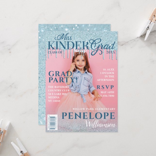 Miss Kinder Grad Blue Glitter Drip Magazine Cover Inbjudningar (Fram/Back In Situ)