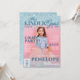 Miss Kinder Grad Blue Glitter Drip Magazine Cover Inbjudningar