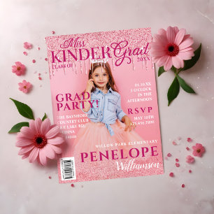 Miss Kinder Grad Rosa Glitter Drip Magazine Cover Inbjudningar