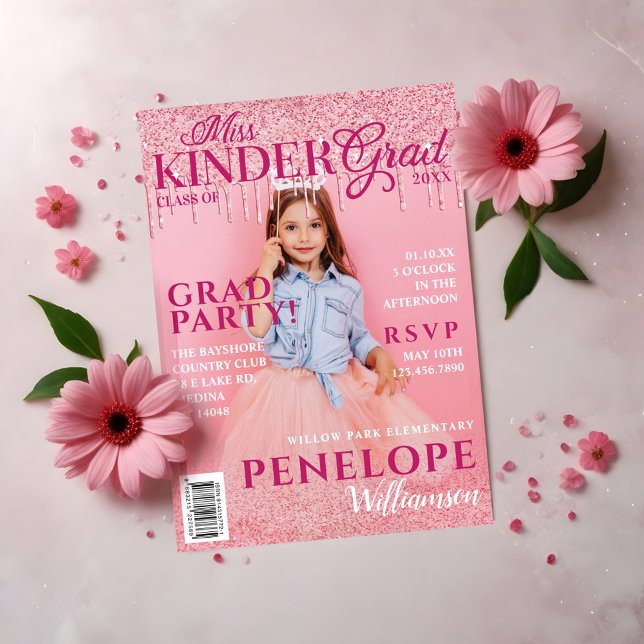 Miss Kinder Grad Rosa Glitter Drip Magazine Cover Inbjudningar (Miss Kinder Grad Pink Glitter Drip Magazine Cover Invitation)