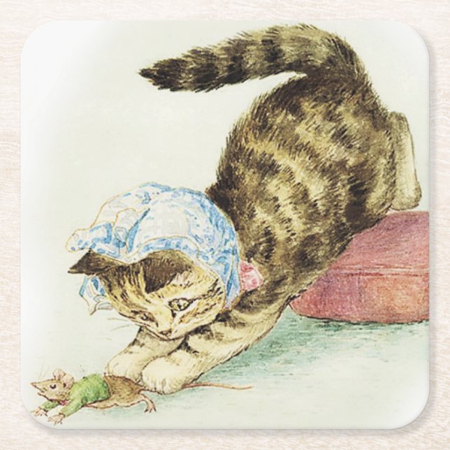 "Miss Mofrags Chases a Mouse" efter Beatrix Potter Underlägg Papper Kvadrat (Framsidan)