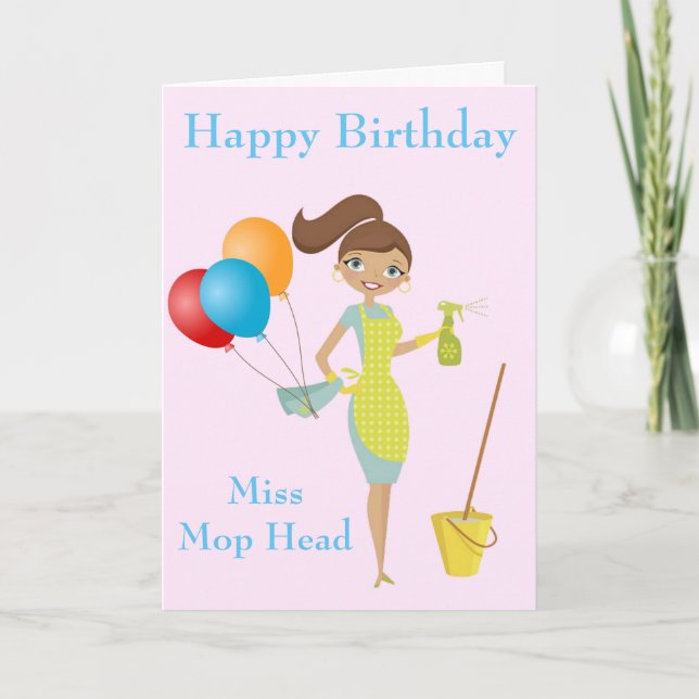 Miss Mop Head Cute Funny Cleaner Birthday Card Kort (Framsida)