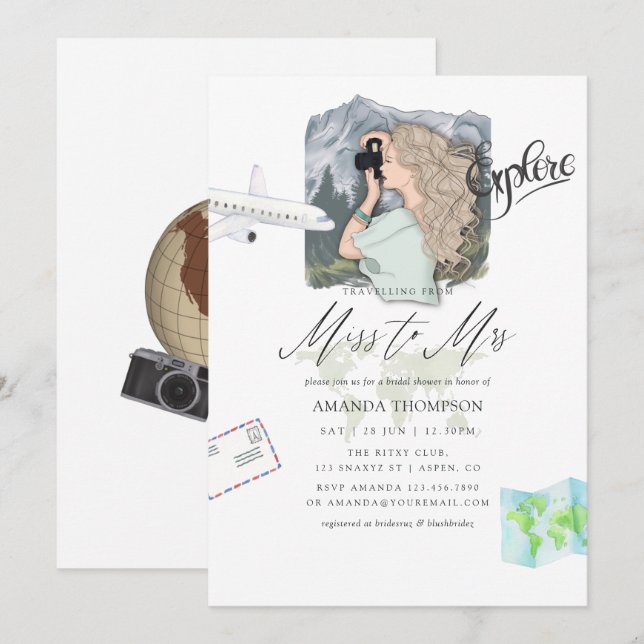 Miss - Mrs Mountain Äventyr Travel Möhippa Inbjudningar (Fram/baksida)