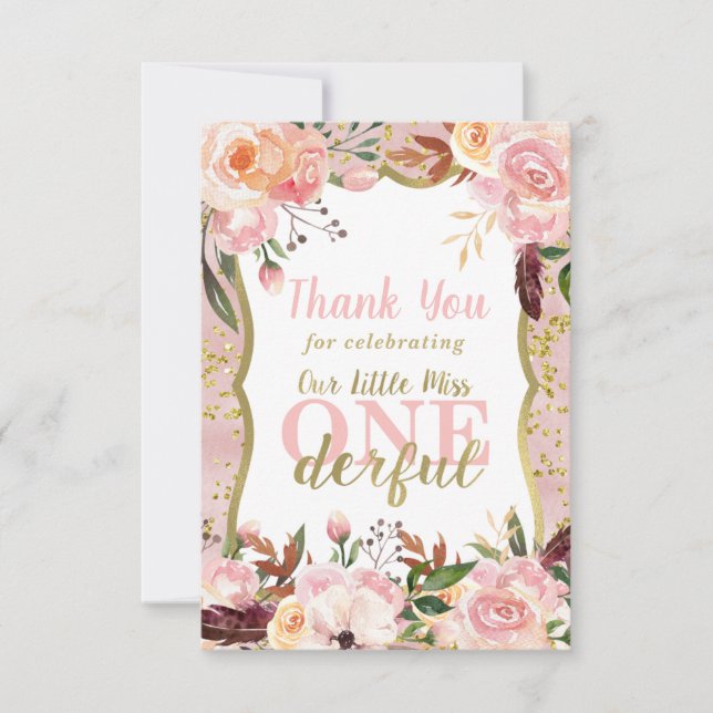 Miss ONEderful Birthday Tack You Card, Boho, Guld Kort (Framsida)