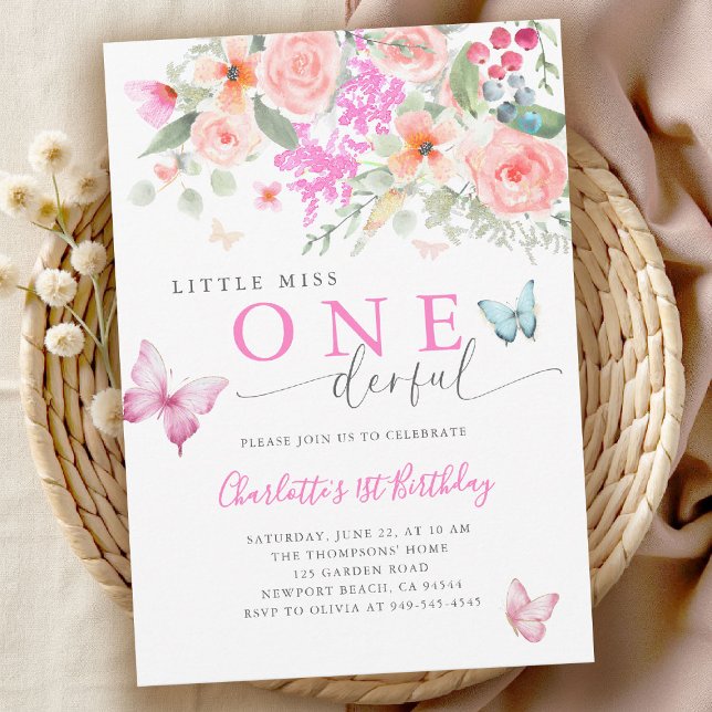 Miss Onederful Blommig Fjäril 1-årsdag Inbjudningar (little miss onederful girls 1st birthday invitation colorful garden wildflowers watercolor butterfly)