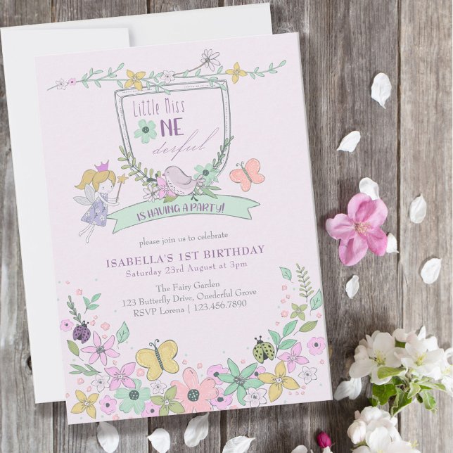 Miss Onederful Cute Fairy Garden Girl 1st Birthday Inbjudningar (Skapare uppladdad)