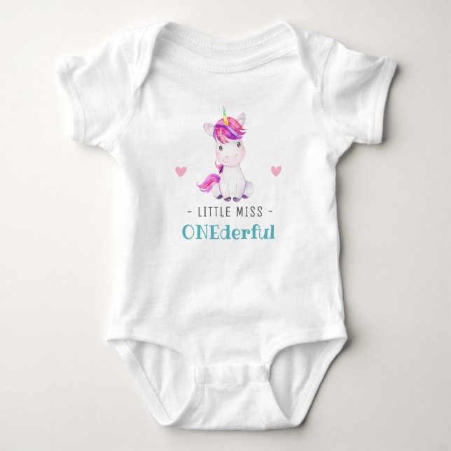 Miss Onederful First 1st Birthday Girl Unicorn T Shirt (Framsida)