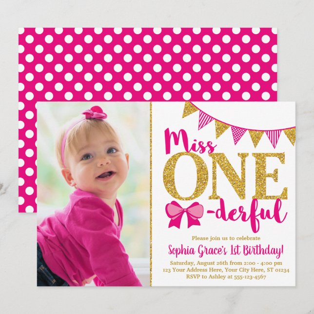 Miss ONEderful First Birthday-inbjudan Inbjudningar (Fram/baksida)