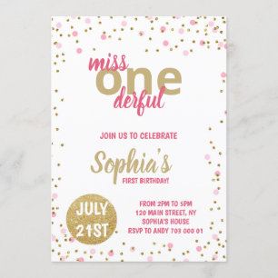 Miss Onederful Girl First Birthday Rosa Confetti Inbjudningar
